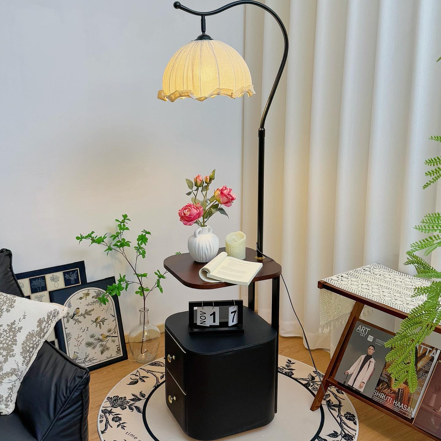 落地灯床头柜一体客厅沙发旁边置物架实木中古风氛围高级感钓鱼灯