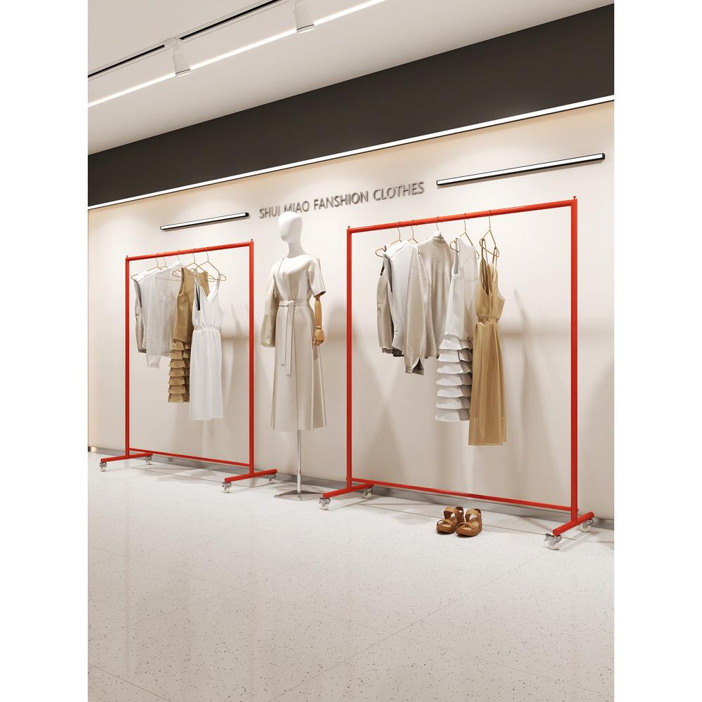 服装店展示架男女装店不锈钢专用落地式挂衣架中国红陈列侧挂货架