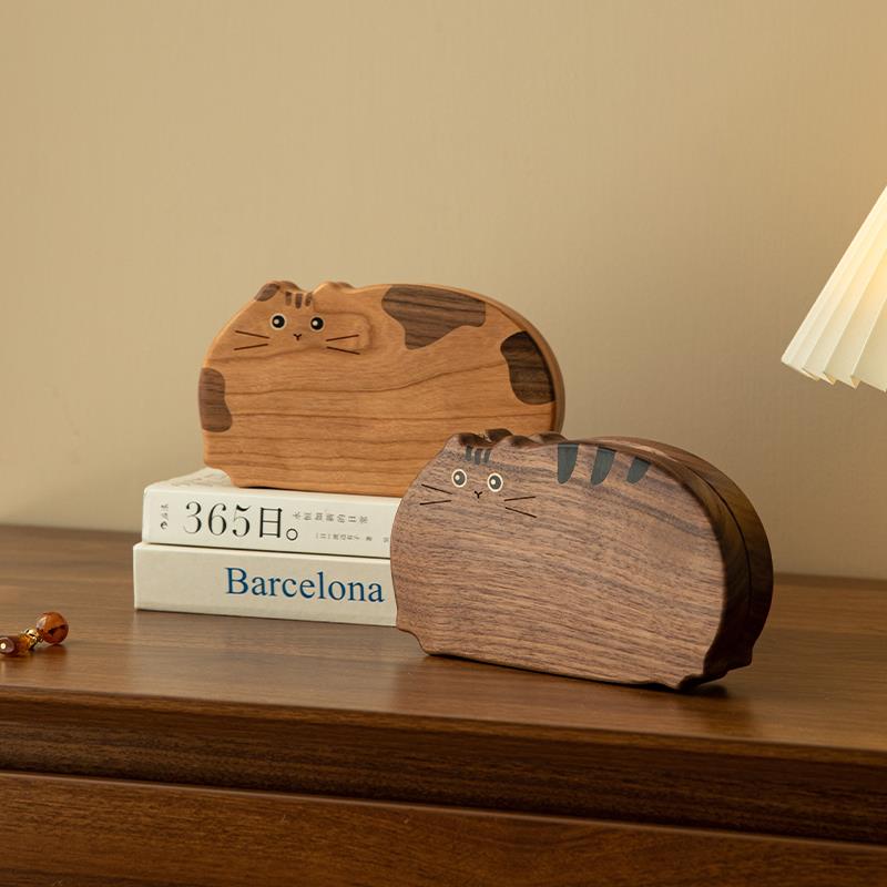 可爱猫咪首饰盒木可携式小型项炼耳针戒指生日女新婚礼物饰品收纳