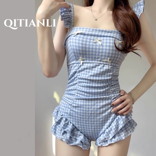 新款 泳衣女高级感小清新绝美纯欲连体荷叶边遮肉小胸显瘦保守温泉