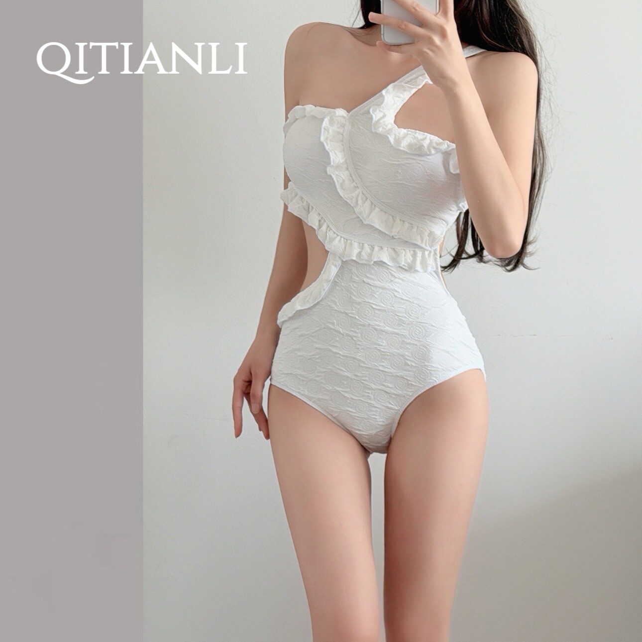 甜美修身显瘦斜肩荷叶边连体泳衣女白色露背修身时尚度假海边温泉