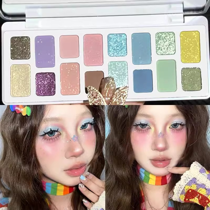 夏日音乐节多巴胺！16色彩色眼影盘春日马卡龙多色系哑珠光彩色
