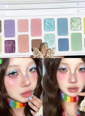 夏日音乐节多巴胺！16色彩色眼影盘春日马卡龙多色系哑珠光彩色