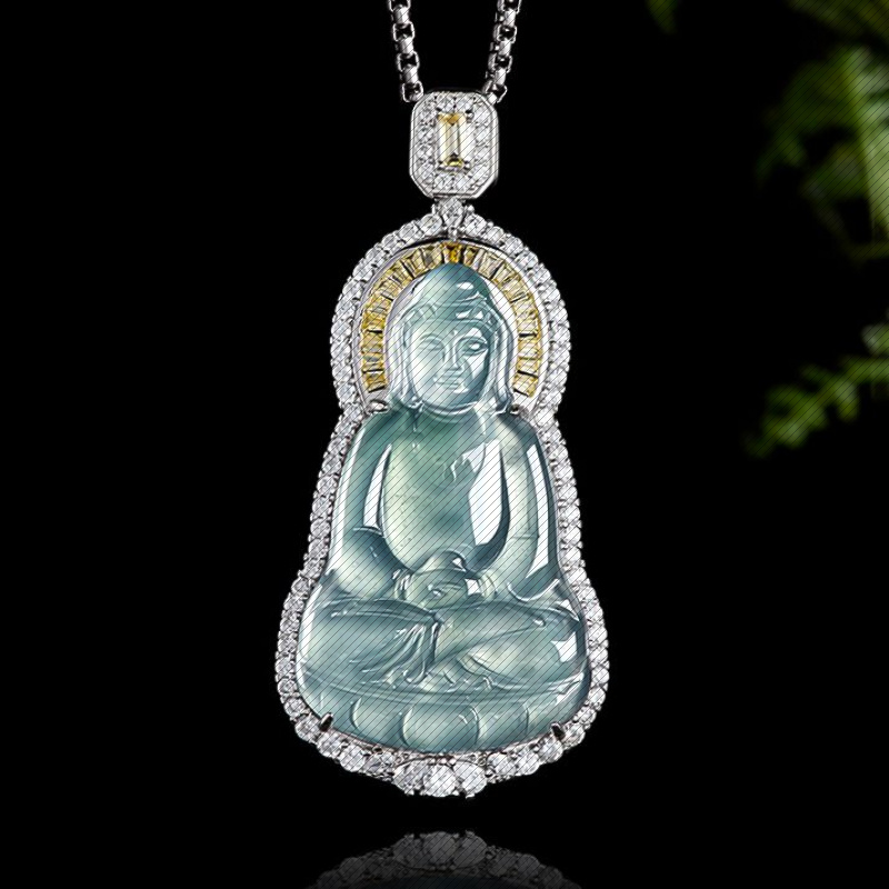 天然翡翠蓝水观音银镶冰种玉石吊