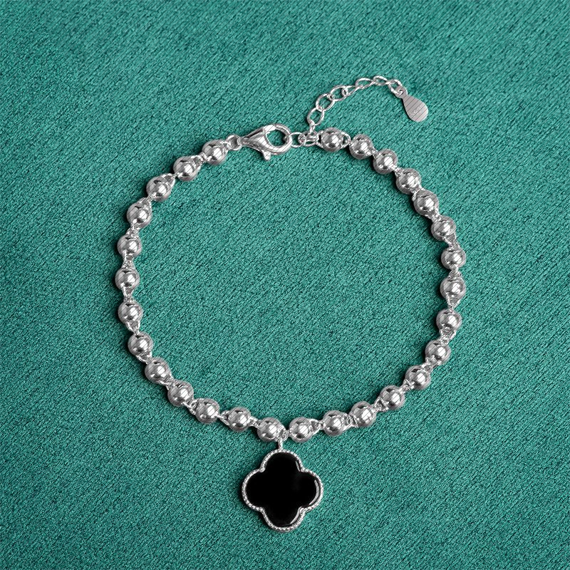 S925银镶天然墨翠A货翡翠四叶草手链玉石时尚个性女款手饰可调节