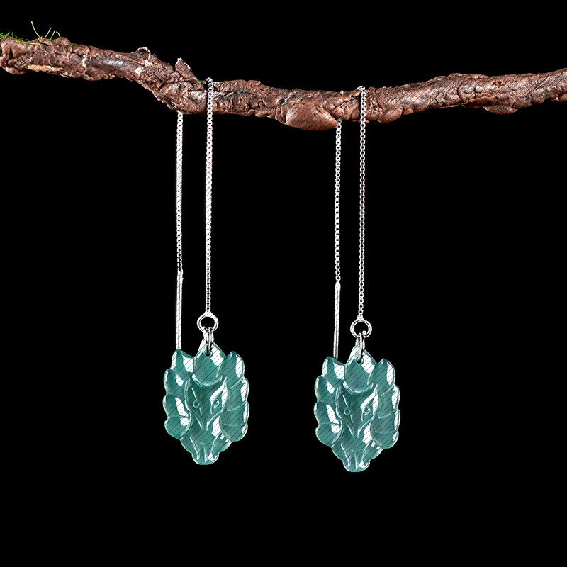 天然翡翠蓝水九尾狐耳坠女款玉石