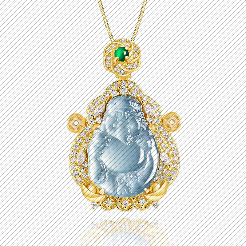 天然A货翡翠蓝水冰种财神吊坠S