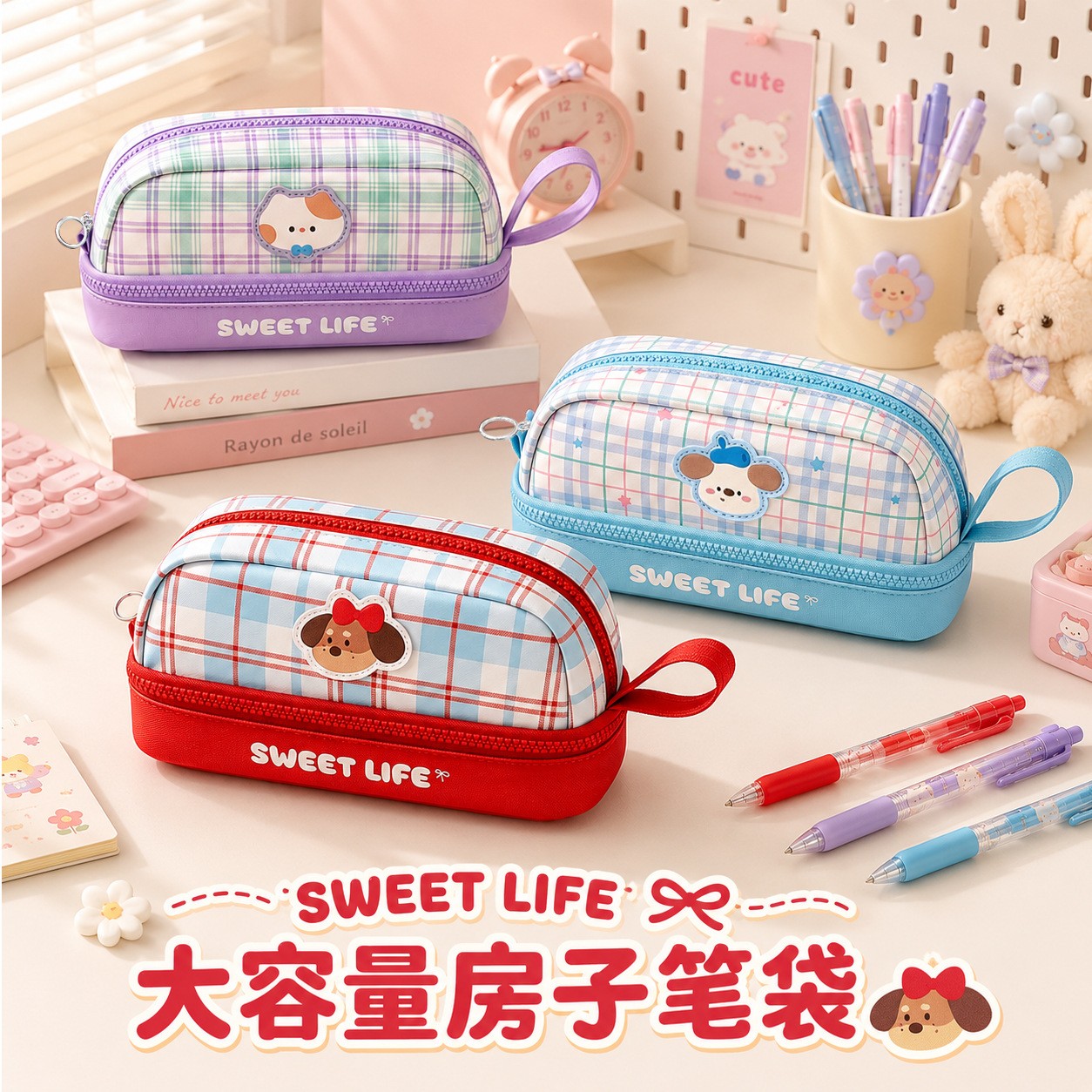 卡通可爱小狗笔袋新款女孩皮面铅笔盒女生高颜值文具盒小学生专用铅笔袋幼儿园一年级文具袋初中生超火收纳袋