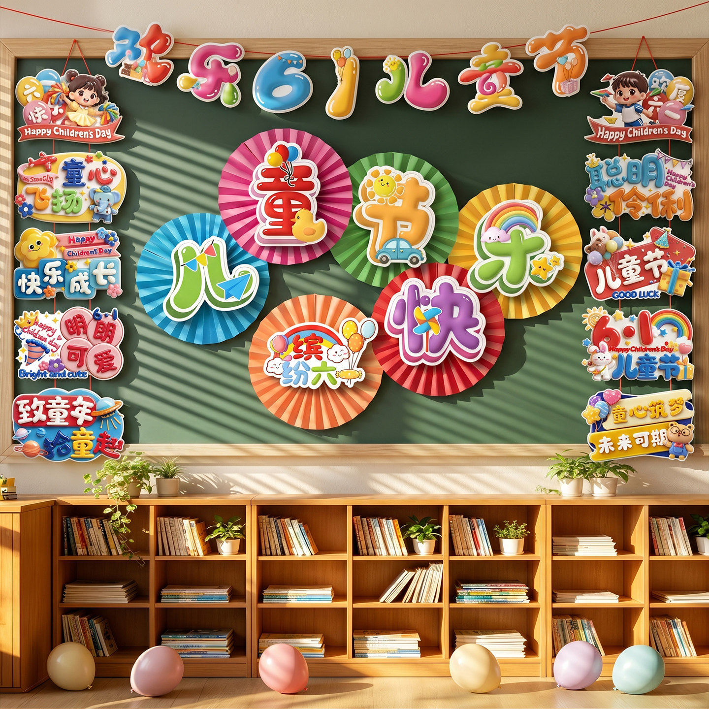 六一儿童节教室幼儿园小学拉旗挂饰纸扇花黑板班级布置氛围感装饰