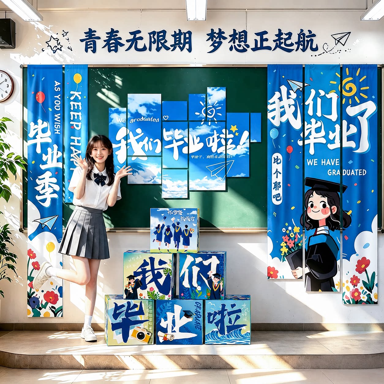 小学毕业教室布置幼儿园班级黑板装饰氛围拍照道具我们毕业了挂布