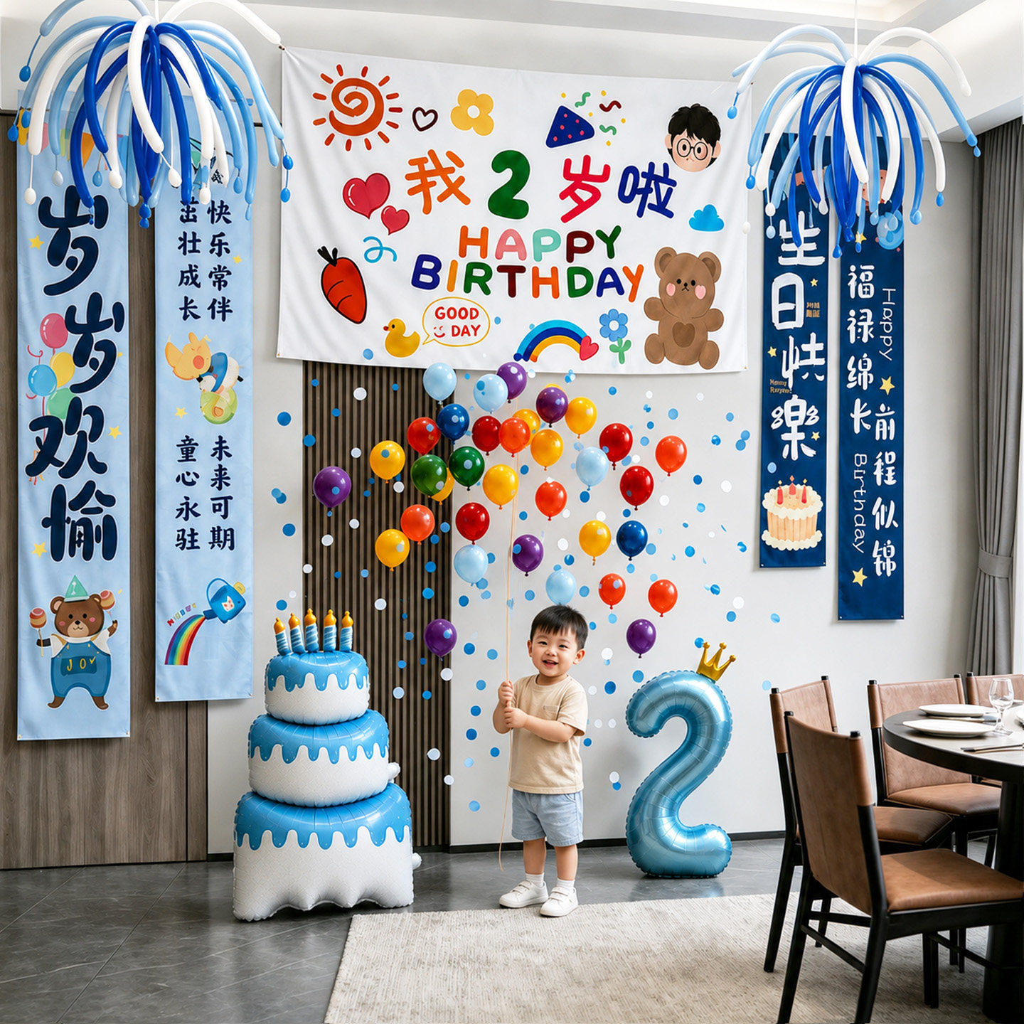 儿童男孩2周岁生日快乐场景布置装饰3派对气球瀑布雨酒店客厅氛围