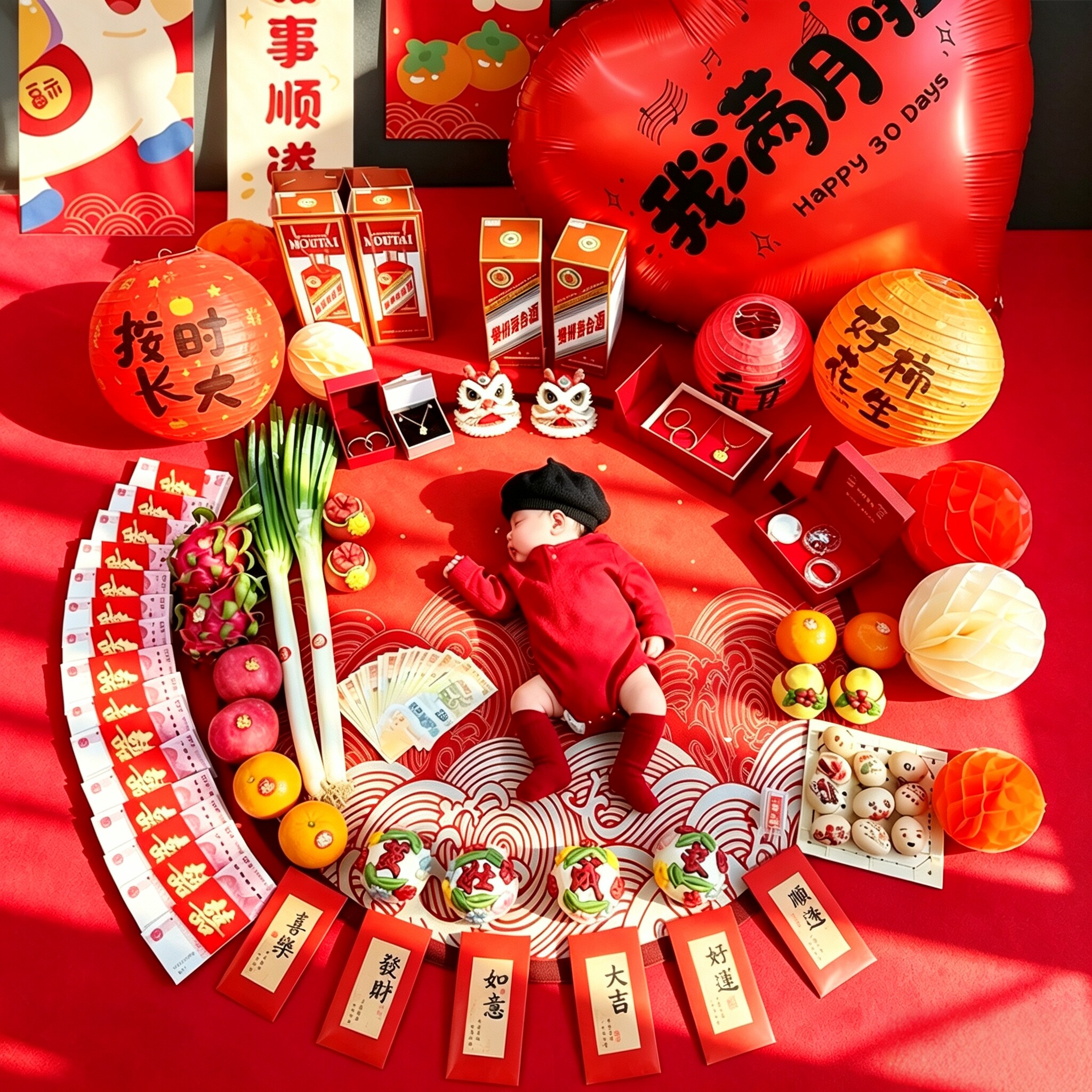 床上满月百天布置仪式感拍照道具