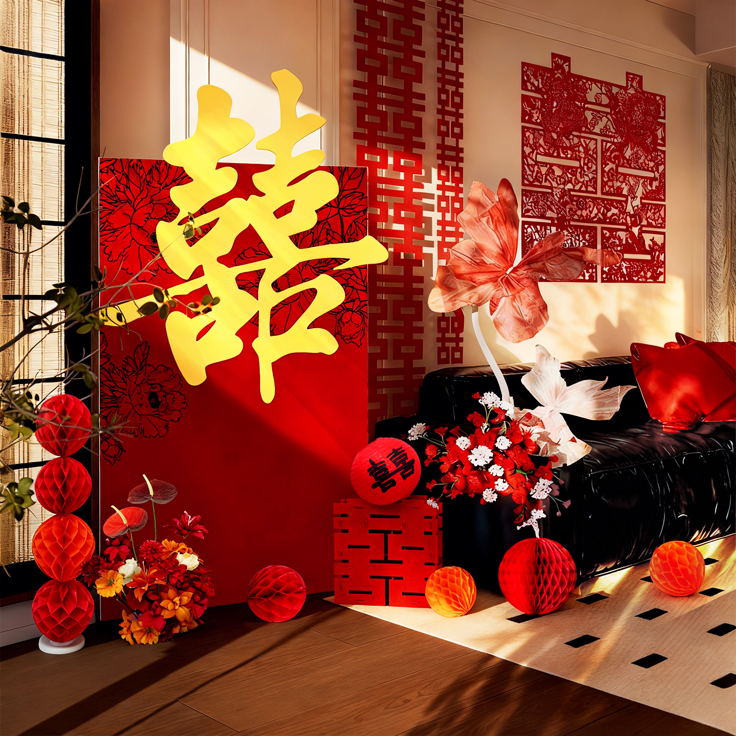 立体喜字kt板装饰客厅婚房布置