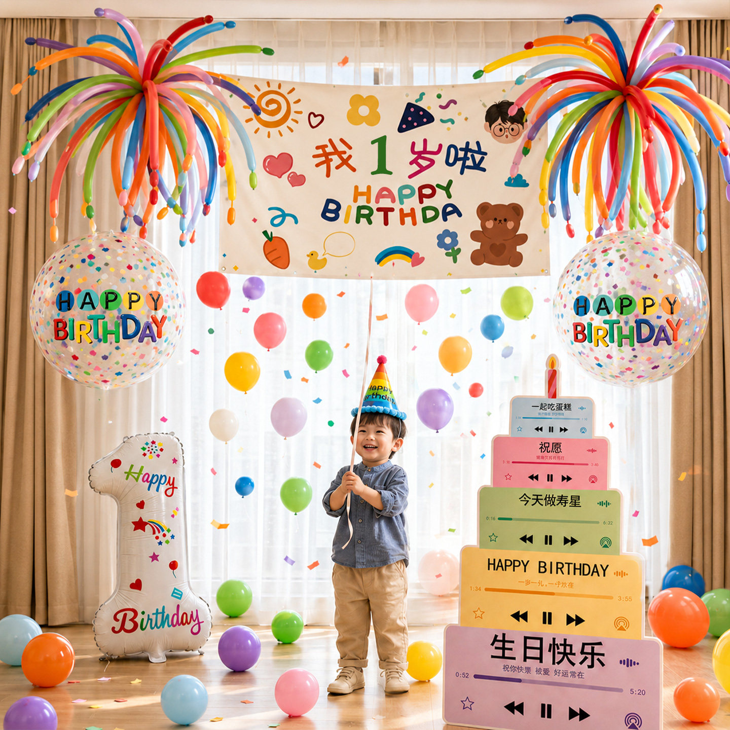 生日气球雨男孩1岁仪式感氛围场景装饰布置2岁小女孩儿童派对挂布