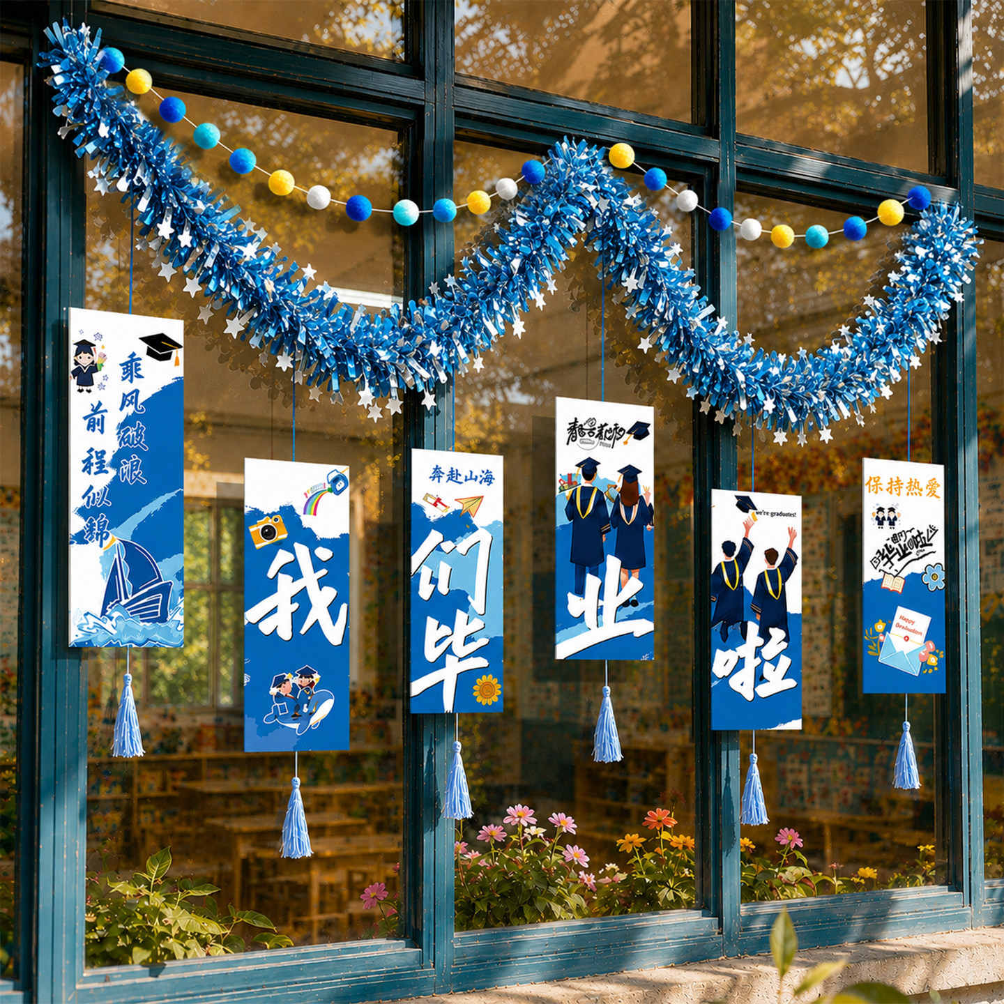 毕业班级布置教室装饰学校初中窗户小学拉花挂饰吊卡拉旗氛围场景