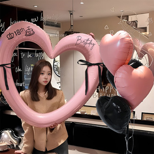 生日派对拍照道具女孩粉色爱心铝膜镂空相框数字气球18岁装饰场景