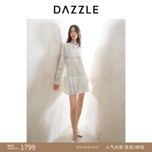 DAZZLE地素奥莱 连衣裙25春时钟花气质白色蕾丝裙短裙
