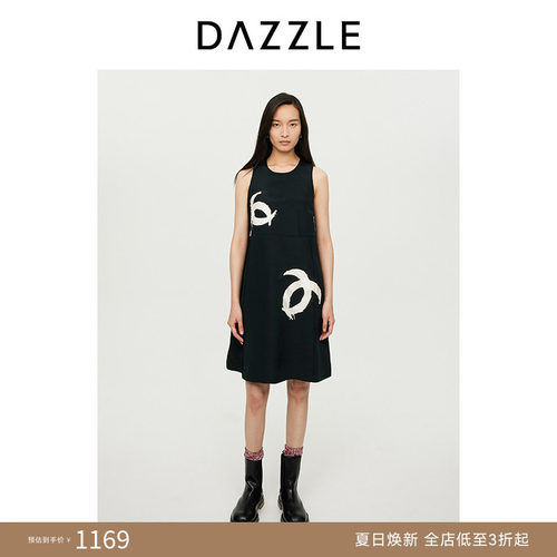DAZZLE地素奥莱 连衣裙女法式休闲松弛黑色肌理无袖A字短裙