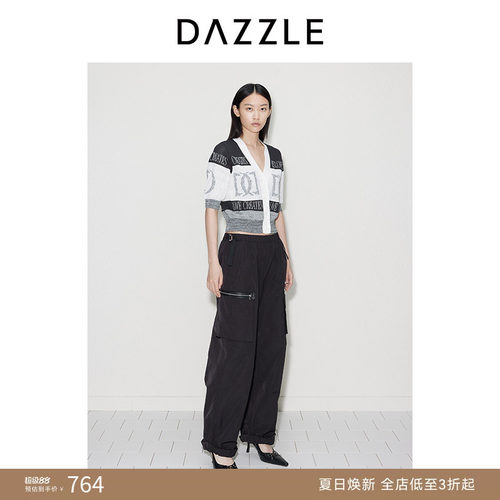 DAZZLE地素奥莱 毛针织衫秋女装复古字母提花撞色开衫上衣