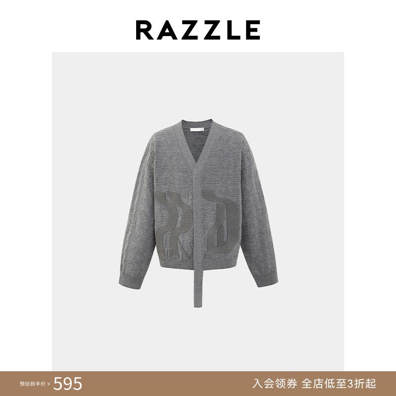 RAZZLE地素奥莱男装毛衣外套春季中灰色logo提花刺绣开衫