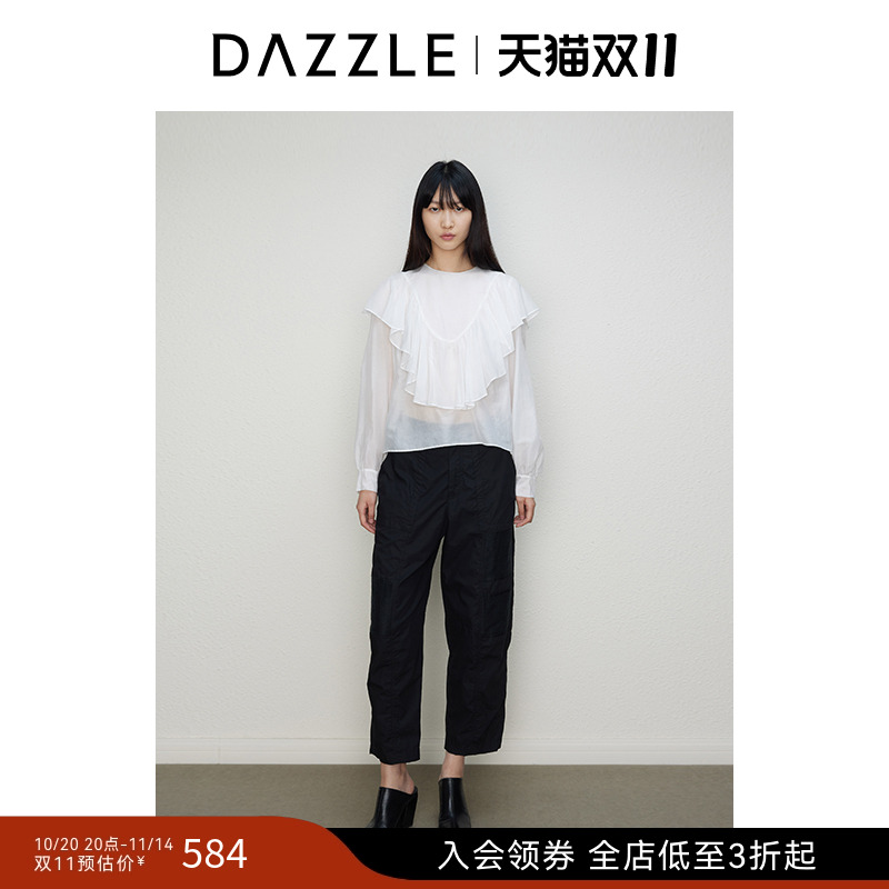 DAZZLE地素奥莱 衬衫秋女装白色优雅法式花边圆领长袖上衣