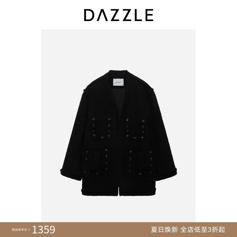 DAZZLE地素奥莱棉服气质通勤黑色羊毛花纱薄棉外套小香千金风