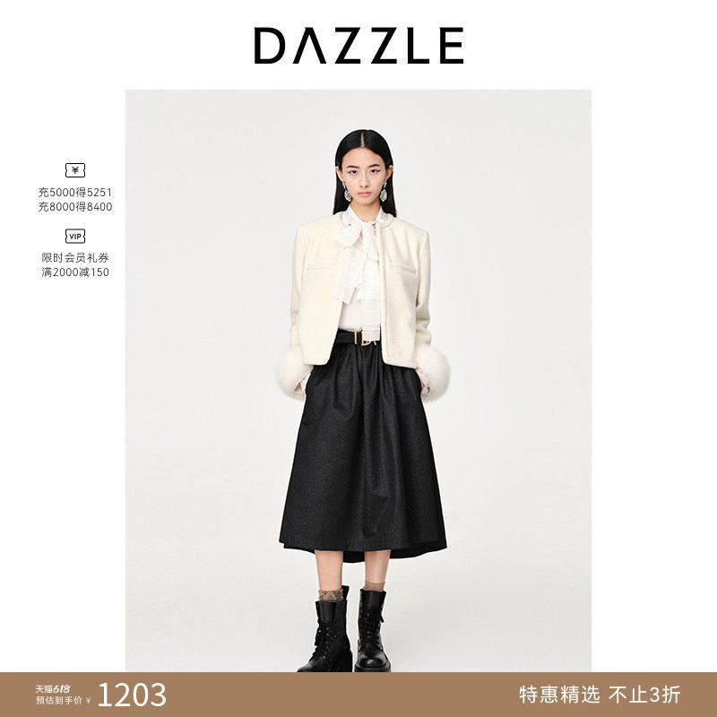 【奥莱专供】DAZZLE地素奥莱春千金风短款毛袖纯羊毛呢外套大衣