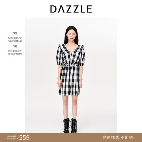 DAZZLE地素格纹短袖连衣裙
