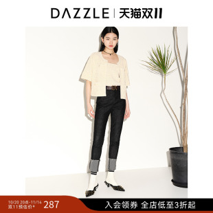 DAZZLE地素奥莱春夏小众毛边设计感卷边撞色修身 女 小脚牛仔裤
