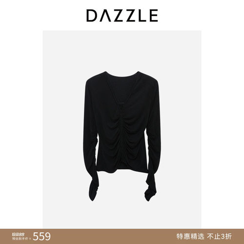 【奥莱专供】DAZZLE 地素奥莱小上衣黑色进口羊绒抽皱针织上衣