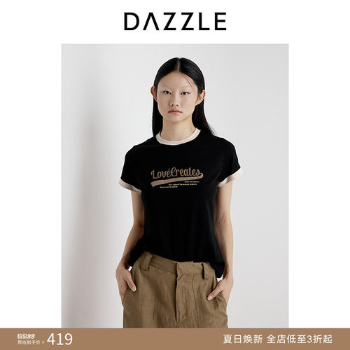 DAZZLE地素奥莱 25夏短袖假两件美式学院印花T恤