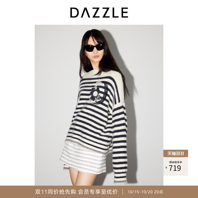DAZZLE地素奥莱 春秋简约条纹针织衫四叶草复古摩登毛衣女