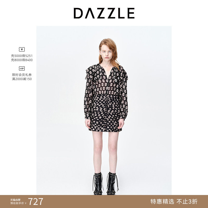DAZZLE地素奥莱春法式印花长袖衬衫连衣裙