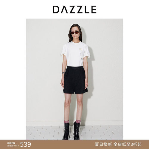 DAZZLE地素奥莱 休闲裤秋季女装简约黑色A字腰部提花短裤