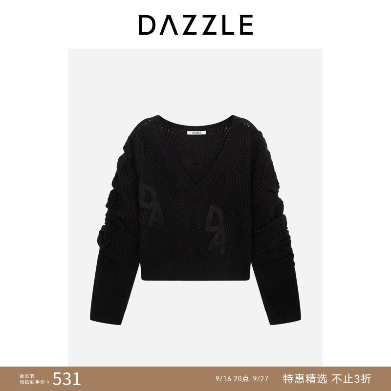 【奥莱专供】DAZZLE地素奥莱 V领毛衣女黑色短款针织套衫图片