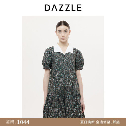 DAZZLE 地素奥莱连衣裙秋季黑色蝴蝶结碎花连衣裙