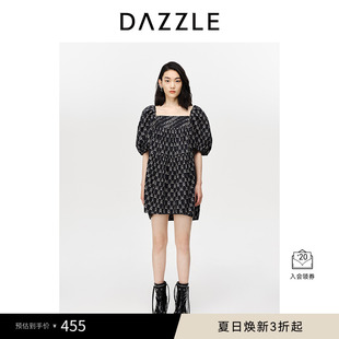 DAZZLE地素奧萊 方領連衣裙裙子女2D3O4346A LOGO印花泡泡袖