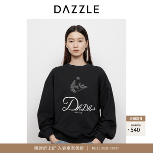DAZZLE 地素奥莱卫衣2025年春季黑色复古燕子绣花卫衣