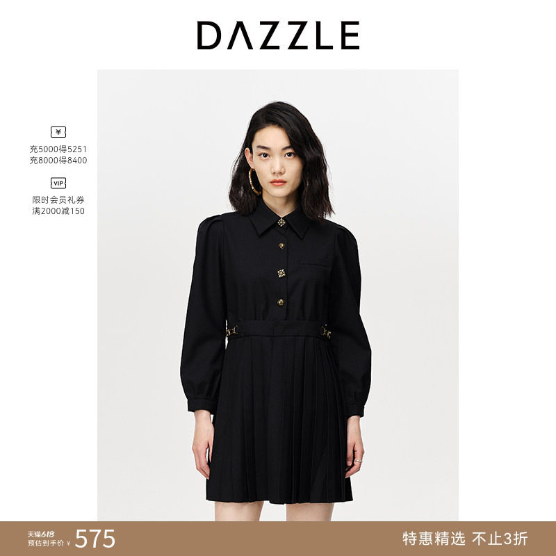 DAZZLE地素奥莱 黑色泡泡袖收腰百褶西装连衣裙女