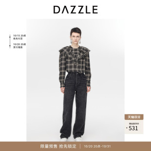 【奥莱】DAZZLE地素奥莱泡泡袖冬季长袖荷叶领格纹衬衫上衣女