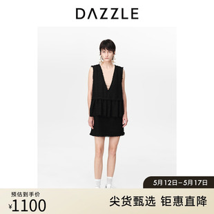 连衣裙短裙女 黑色粗花呢假两件深V无袖 新款 DAZZLE地素奥莱春夏装