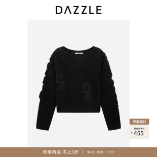 【奥莱】DAZZLE地素奥莱 V领毛衣女黑色短款针织套衫