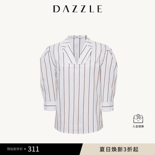 衬衣上衣女 DAZZLE地素奥莱 春夏法式 气质条纹V领棉麻短袖 衬衫