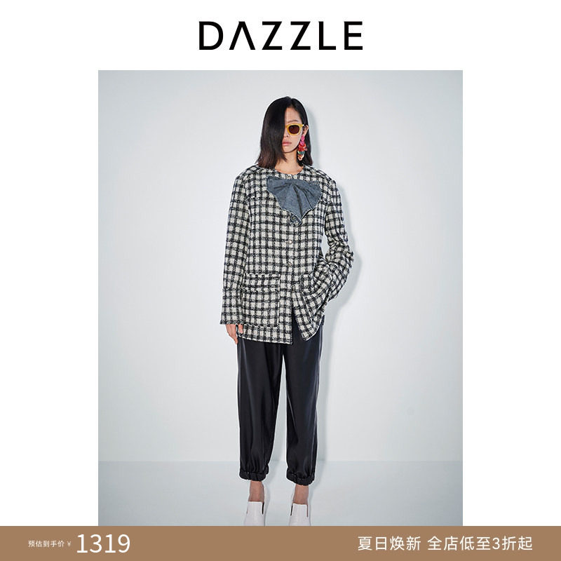 DAZZLE地素奥莱 毛呢外套春秋女装小香风蝴蝶结饰花呢蓝灰格子大
