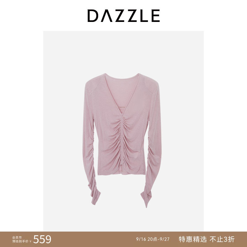 【人气尖货】DAZZLE地素奥莱小上衣粉红色进口羊绒抽皱针织上衣图片