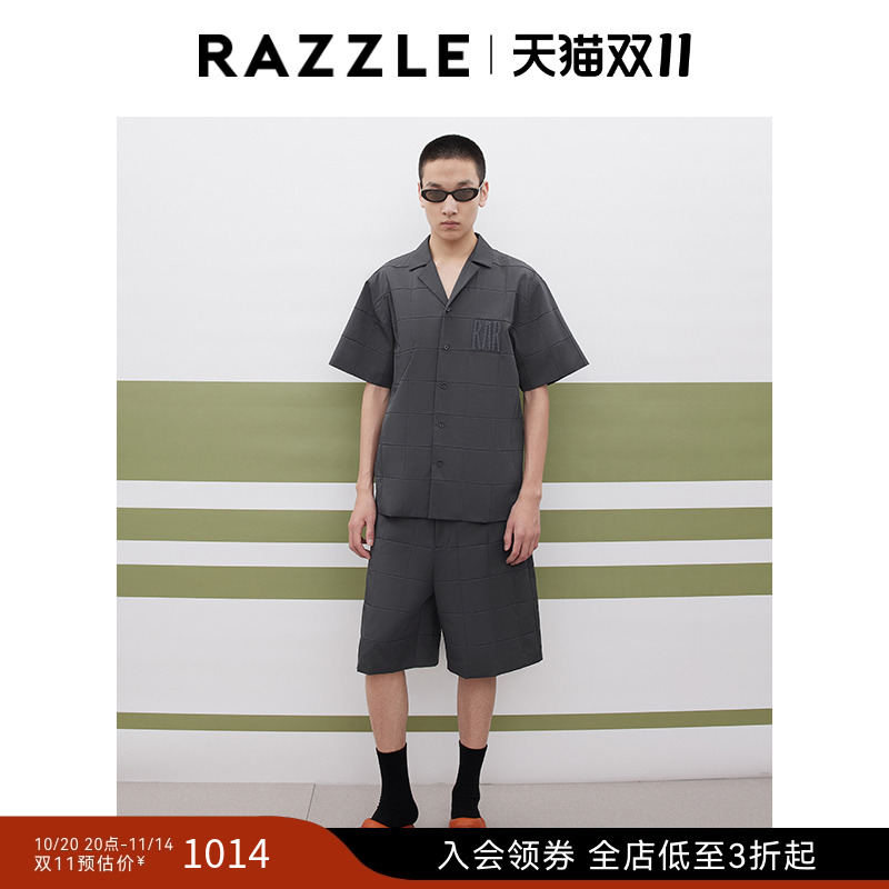 RAZZLE 地素奥莱男装深灰色2025年夏季格子肌理短袖衬衫