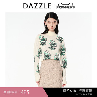 DAZZLE地素奥莱 白色针织提花高领套头毛衣女2D4E4036B