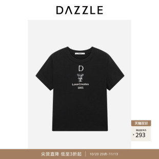 DAZZLE 地素奥莱T恤夏季黑色棉混纺绣花短袖T恤