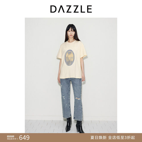 DAZZLE地素奥莱 T恤秋季女装简约字母立体图案刺绣圆领上衣