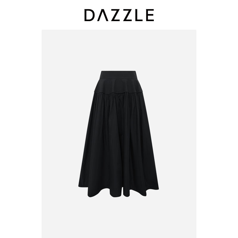 DAZZLE地素奥莱 法式高级感黑色休闲中裙伞裙显瘦度假A字半裙图片